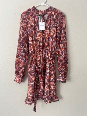NWT FEW MODA Long-Sleeve Tie-Waist Dress in Rust, Purple & Cream Floral in XL